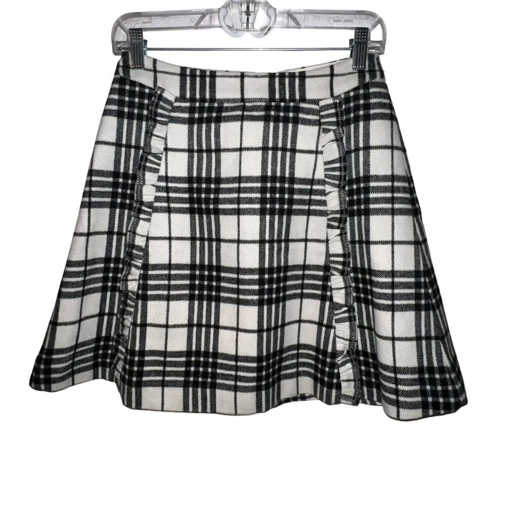 LOFT WOMEN BLACK WHITE‎ PLAID A LINE MINI SKIRT WOOL BLEND RUFFLE DETAIL SIZE 0